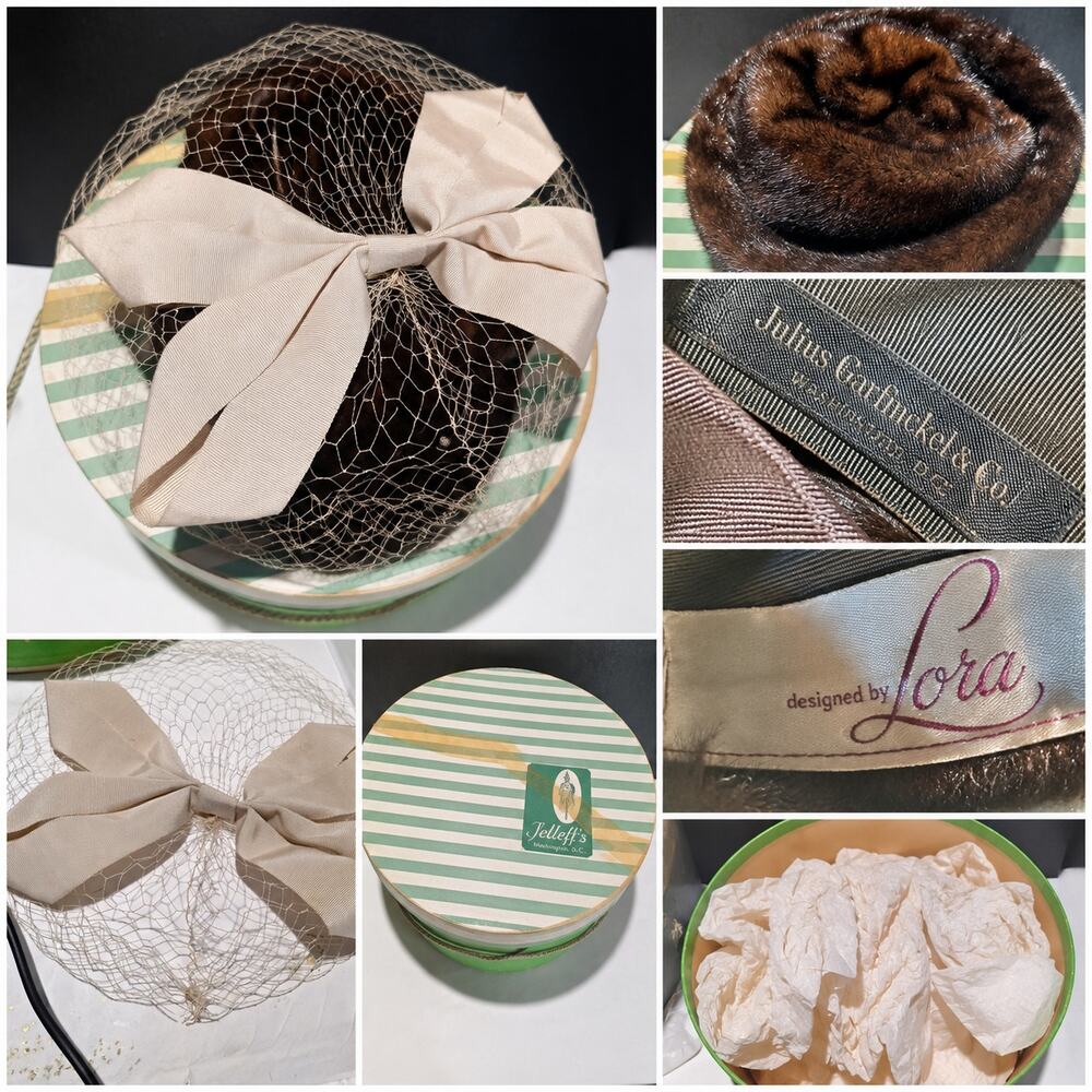 Julius Garfinckel Lora Mink Pillbox Birdcage Veil Bow Jelleff's Hat Box Estate